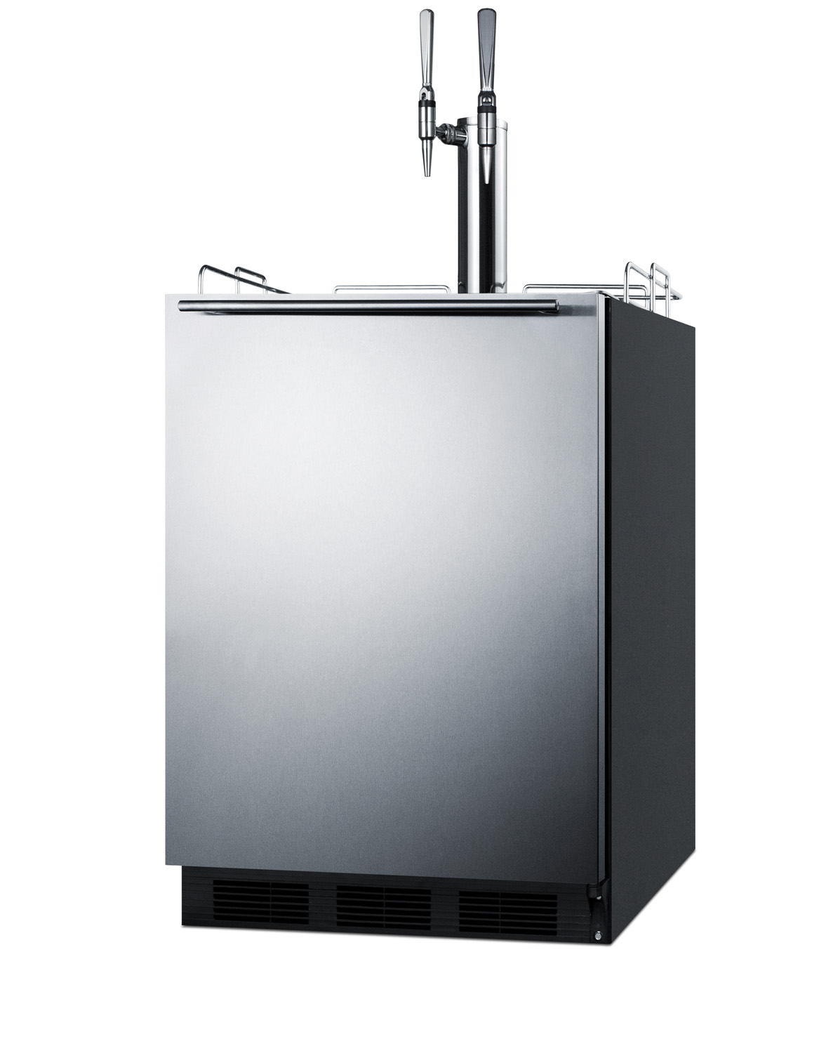 Built-in undercounter ADA height commercially listed dual tap nitro coffee dispenser with stainless steel wrapped door and black cabinet